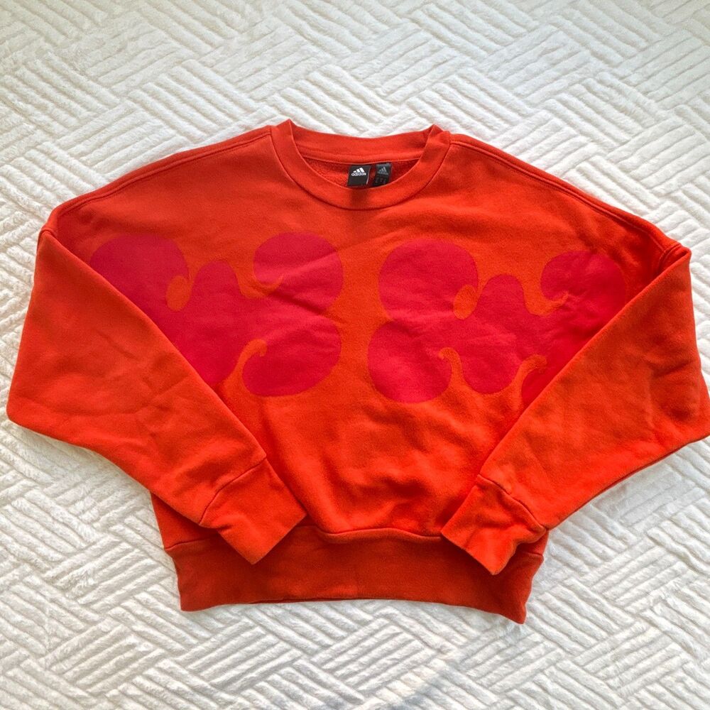 Adidas Marimekko Girls Size M 11-12 Orange Floral Cropped Sweatshirt Fleece